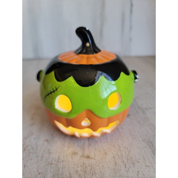 Light up AS IS Frankenstein pumpkin ceramic Halloween home decor figure - Picture 1 of 11